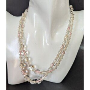 Vintage German Crystal Bead Necklace Double Strand Pink & Clear Elegant Estate